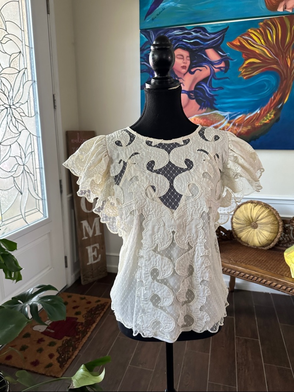 Express Cream Lace Flutter Sleeve Blouse